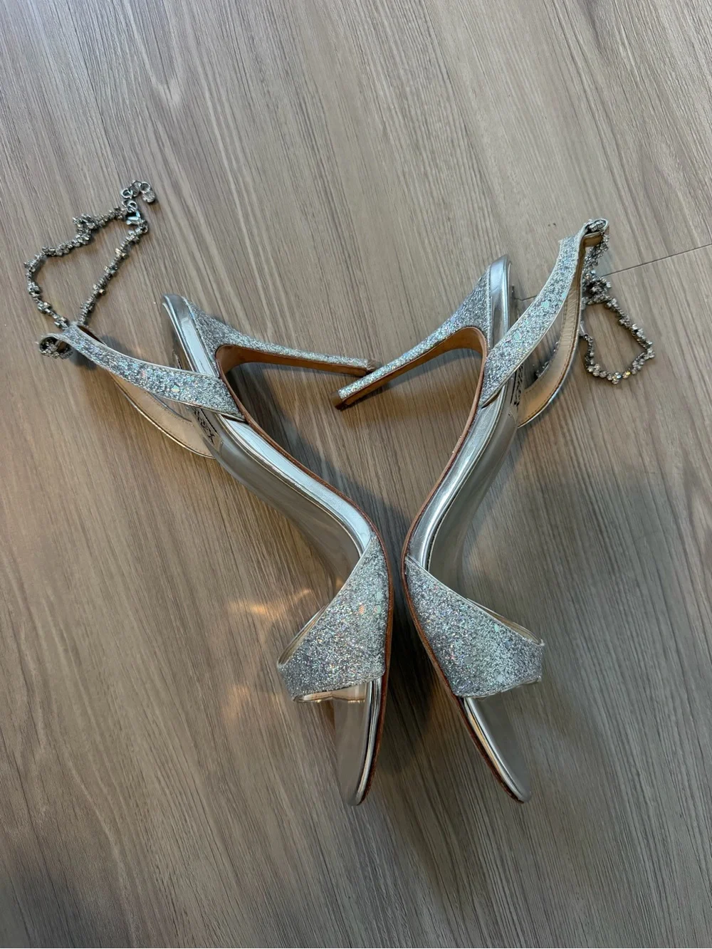 Badgley Mischka Silver Glitter Crystal-Embellished Slingback Heels